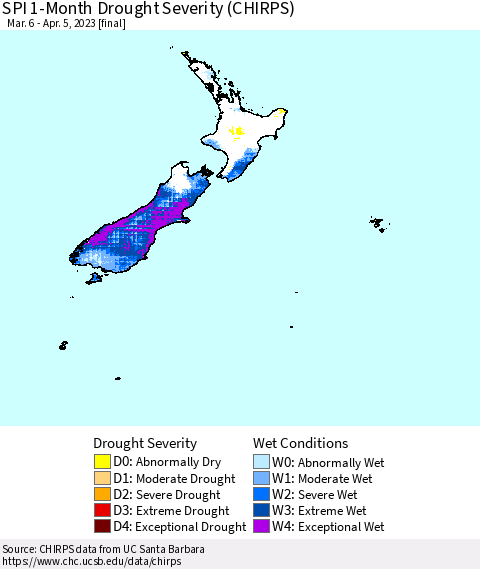 New Zealand SPI 1-Month Drought Severity (CHIRPS) Thematic Map For 3/6/2023 - 4/5/2023
