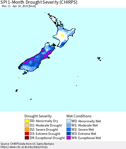 New Zealand SPI 1-Month Drought Severity (CHIRPS) Thematic Map For 3/11/2023 - 4/10/2023