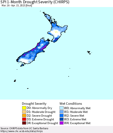 New Zealand SPI 1-Month Drought Severity (CHIRPS) Thematic Map For 3/16/2023 - 4/15/2023
