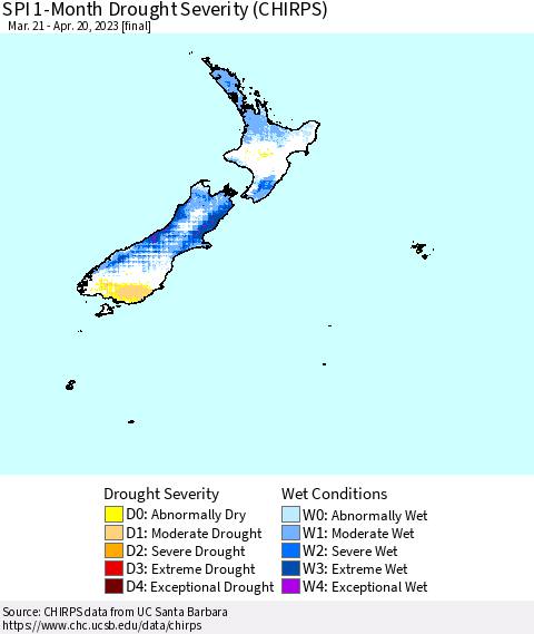 New Zealand SPI 1-Month Drought Severity (CHIRPS) Thematic Map For 3/21/2023 - 4/20/2023