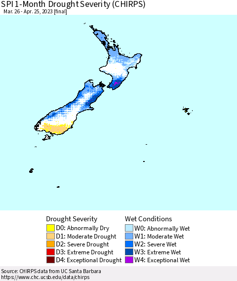 New Zealand SPI 1-Month Drought Severity (CHIRPS) Thematic Map For 3/26/2023 - 4/25/2023
