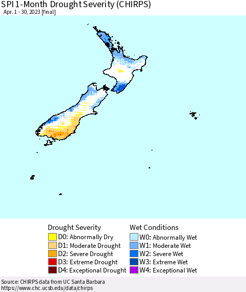 New Zealand SPI 1-Month Drought Severity (CHIRPS) Thematic Map For 4/1/2023 - 4/30/2023