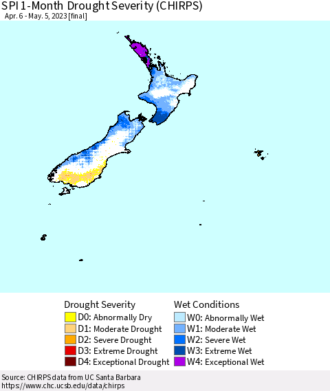 New Zealand SPI 1-Month Drought Severity (CHIRPS) Thematic Map For 4/6/2023 - 5/5/2023