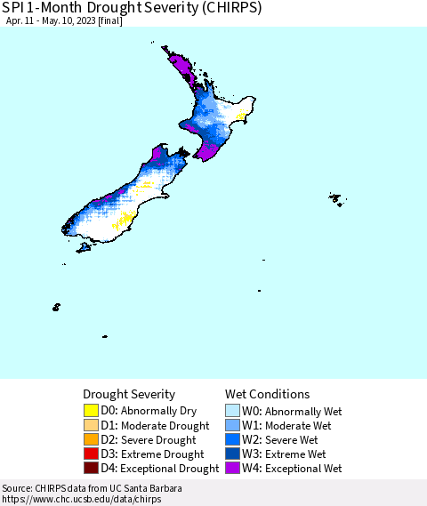 New Zealand SPI 1-Month Drought Severity (CHIRPS) Thematic Map For 4/11/2023 - 5/10/2023