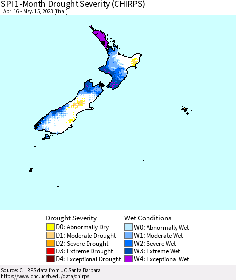 New Zealand SPI 1-Month Drought Severity (CHIRPS) Thematic Map For 4/16/2023 - 5/15/2023