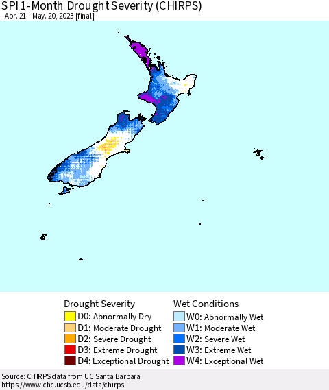 New Zealand SPI 1-Month Drought Severity (CHIRPS) Thematic Map For 4/21/2023 - 5/20/2023
