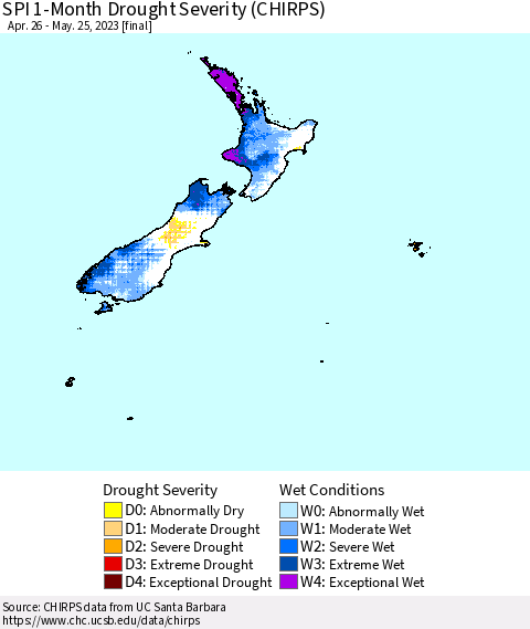 New Zealand SPI 1-Month Drought Severity (CHIRPS) Thematic Map For 4/26/2023 - 5/25/2023