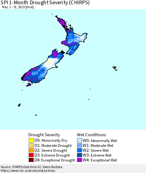 New Zealand SPI 1-Month Drought Severity (CHIRPS) Thematic Map For 5/1/2023 - 5/31/2023