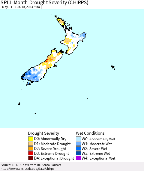 New Zealand SPI 1-Month Drought Severity (CHIRPS) Thematic Map For 5/11/2023 - 6/10/2023