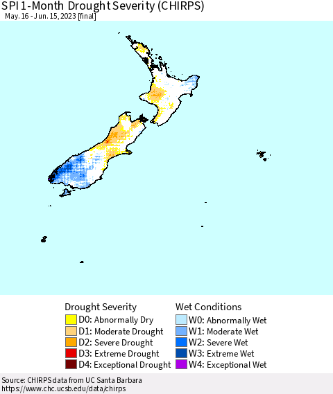 New Zealand SPI 1-Month Drought Severity (CHIRPS) Thematic Map For 5/16/2023 - 6/15/2023