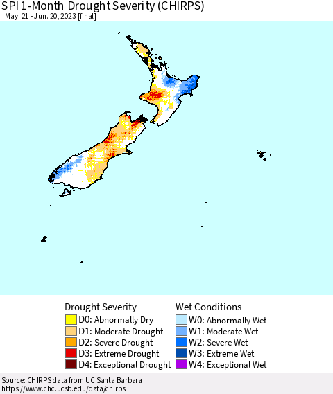 New Zealand SPI 1-Month Drought Severity (CHIRPS) Thematic Map For 5/21/2023 - 6/20/2023