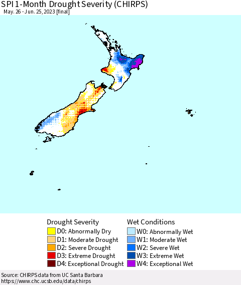 New Zealand SPI 1-Month Drought Severity (CHIRPS) Thematic Map For 5/26/2023 - 6/25/2023
