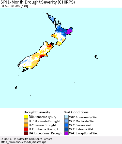 New Zealand SPI 1-Month Drought Severity (CHIRPS) Thematic Map For 6/1/2023 - 6/30/2023