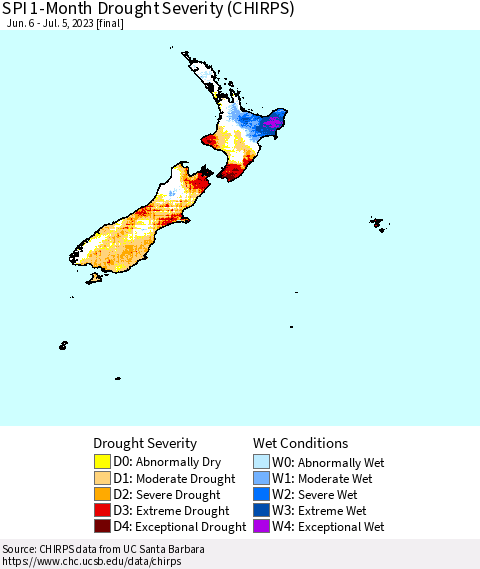 New Zealand SPI 1-Month Drought Severity (CHIRPS) Thematic Map For 6/6/2023 - 7/5/2023