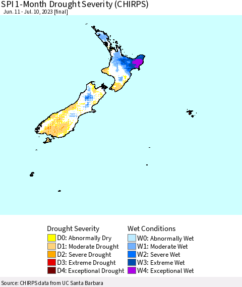 New Zealand SPI 1-Month Drought Severity (CHIRPS) Thematic Map For 6/11/2023 - 7/10/2023