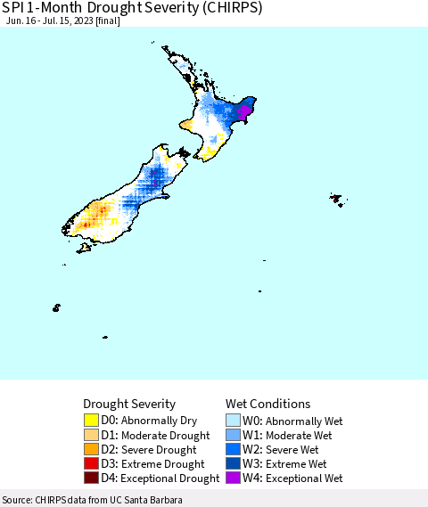 New Zealand SPI 1-Month Drought Severity (CHIRPS) Thematic Map For 6/16/2023 - 7/15/2023