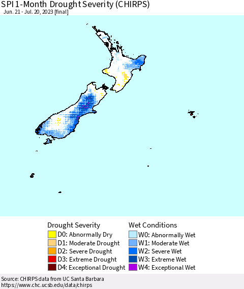New Zealand SPI 1-Month Drought Severity (CHIRPS) Thematic Map For 6/21/2023 - 7/20/2023
