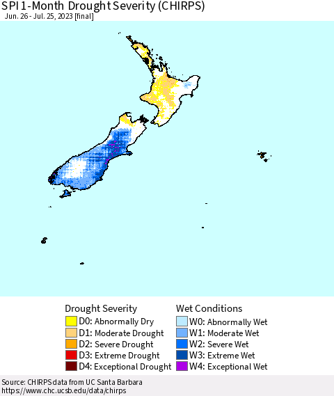 New Zealand SPI 1-Month Drought Severity (CHIRPS) Thematic Map For 6/26/2023 - 7/25/2023