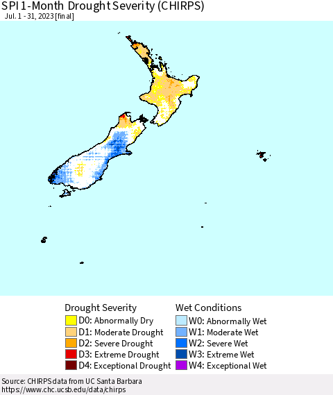 New Zealand SPI 1-Month Drought Severity (CHIRPS) Thematic Map For 7/1/2023 - 7/31/2023
