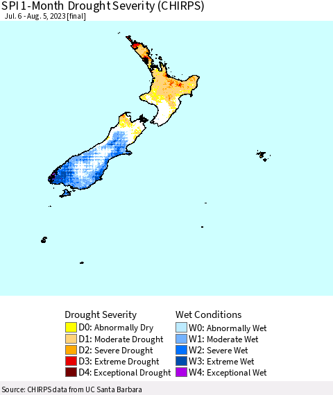 New Zealand SPI 1-Month Drought Severity (CHIRPS) Thematic Map For 7/6/2023 - 8/5/2023