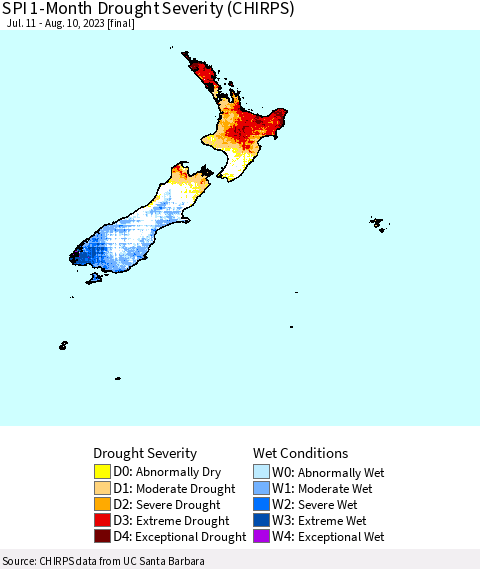 New Zealand SPI 1-Month Drought Severity (CHIRPS) Thematic Map For 7/11/2023 - 8/10/2023