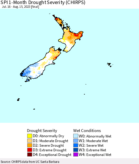 New Zealand SPI 1-Month Drought Severity (CHIRPS) Thematic Map For 7/16/2023 - 8/15/2023