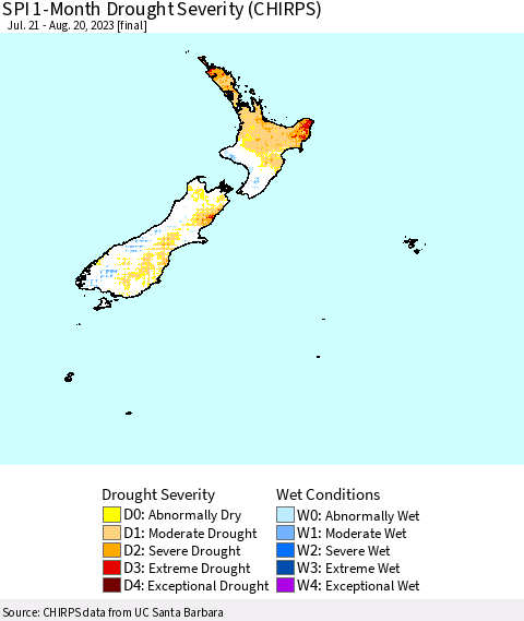 New Zealand SPI 1-Month Drought Severity (CHIRPS) Thematic Map For 7/21/2023 - 8/20/2023