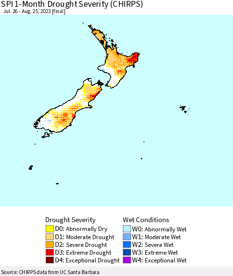 New Zealand SPI 1-Month Drought Severity (CHIRPS) Thematic Map For 7/26/2023 - 8/25/2023