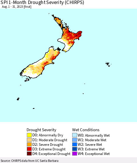 New Zealand SPI 1-Month Drought Severity (CHIRPS) Thematic Map For 8/1/2023 - 8/31/2023