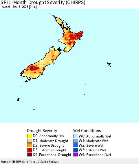 New Zealand SPI 1-Month Drought Severity (CHIRPS) Thematic Map For 8/6/2023 - 9/5/2023
