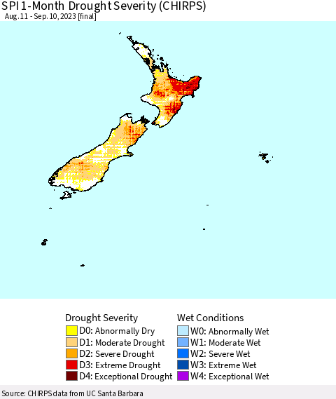 New Zealand SPI 1-Month Drought Severity (CHIRPS) Thematic Map For 8/11/2023 - 9/10/2023