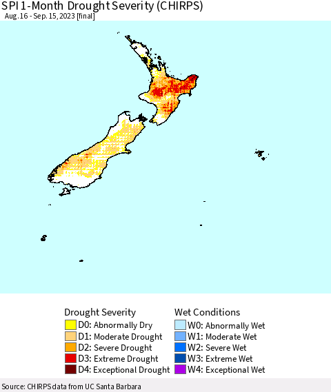 New Zealand SPI 1-Month Drought Severity (CHIRPS) Thematic Map For 8/16/2023 - 9/15/2023