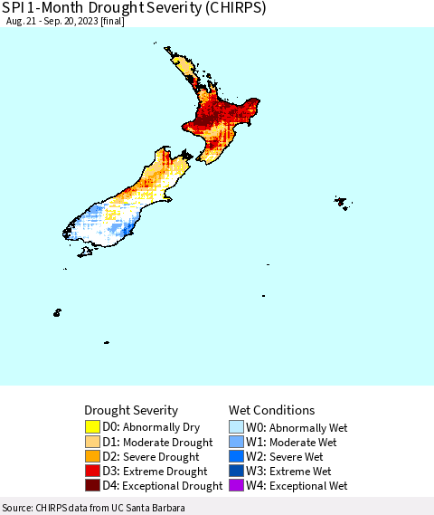 New Zealand SPI 1-Month Drought Severity (CHIRPS) Thematic Map For 8/21/2023 - 9/20/2023
