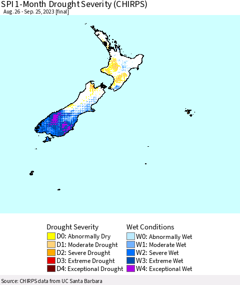 New Zealand SPI 1-Month Drought Severity (CHIRPS) Thematic Map For 8/26/2023 - 9/25/2023