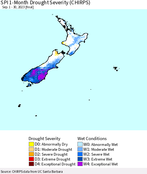 New Zealand SPI 1-Month Drought Severity (CHIRPS) Thematic Map For 9/1/2023 - 9/30/2023