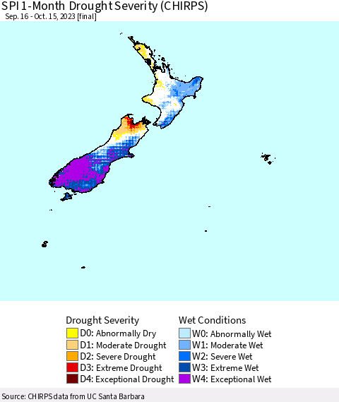 New Zealand SPI 1-Month Drought Severity (CHIRPS) Thematic Map For 9/16/2023 - 10/15/2023