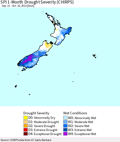 New Zealand SPI 1-Month Drought Severity (CHIRPS) Thematic Map For 9/21/2023 - 10/20/2023