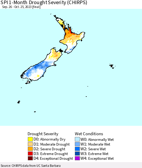 New Zealand SPI 1-Month Drought Severity (CHIRPS) Thematic Map For 9/26/2023 - 10/25/2023