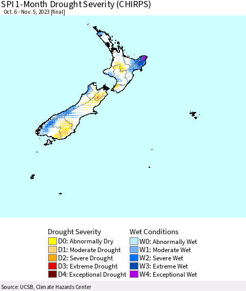 New Zealand SPI 1-Month Drought Severity (CHIRPS) Thematic Map For 10/6/2023 - 11/5/2023