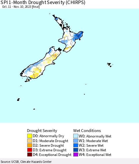 New Zealand SPI 1-Month Drought Severity (CHIRPS) Thematic Map For 10/11/2023 - 11/10/2023