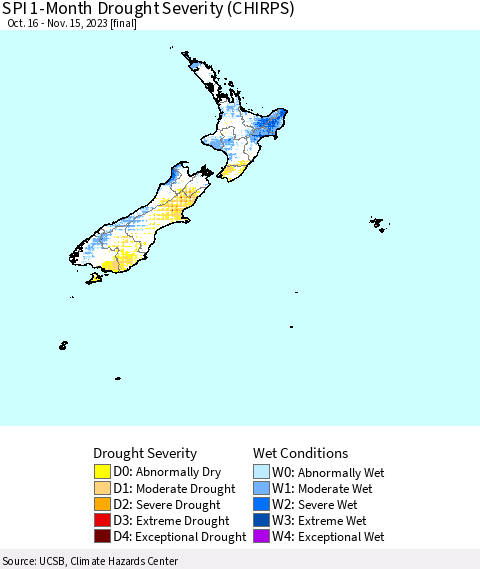 New Zealand SPI 1-Month Drought Severity (CHIRPS) Thematic Map For 10/16/2023 - 11/15/2023