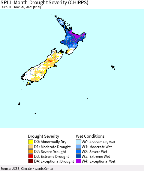 New Zealand SPI 1-Month Drought Severity (CHIRPS) Thematic Map For 10/21/2023 - 11/20/2023