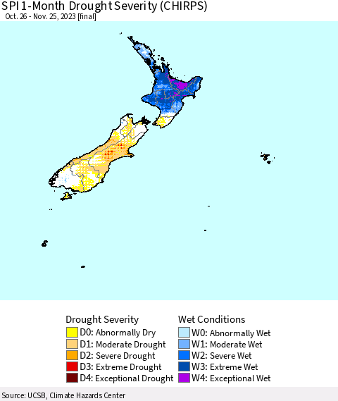 New Zealand SPI 1-Month Drought Severity (CHIRPS) Thematic Map For 10/26/2023 - 11/25/2023