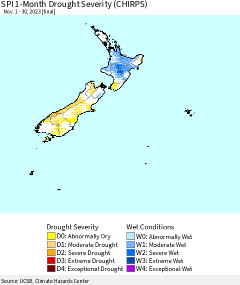 New Zealand SPI 1-Month Drought Severity (CHIRPS) Thematic Map For 11/1/2023 - 11/30/2023