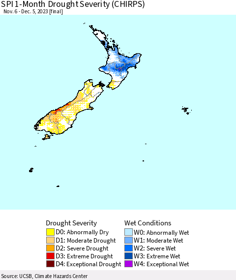 New Zealand SPI 1-Month Drought Severity (CHIRPS) Thematic Map For 11/6/2023 - 12/5/2023