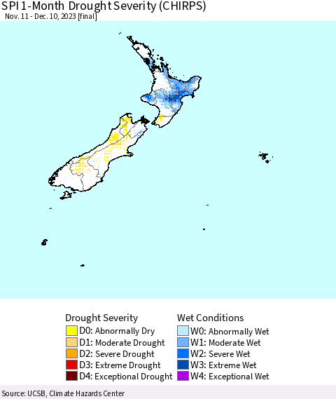 New Zealand SPI 1-Month Drought Severity (CHIRPS) Thematic Map For 11/11/2023 - 12/10/2023
