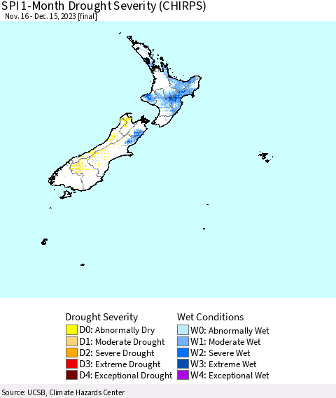 New Zealand SPI 1-Month Drought Severity (CHIRPS) Thematic Map For 11/16/2023 - 12/15/2023