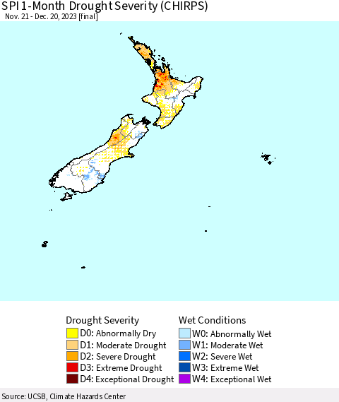 New Zealand SPI 1-Month Drought Severity (CHIRPS) Thematic Map For 11/21/2023 - 12/20/2023