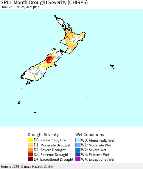 New Zealand SPI 1-Month Drought Severity (CHIRPS) Thematic Map For 11/26/2023 - 12/25/2023