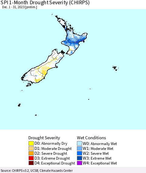 New Zealand SPI 1-Month Drought Severity (CHIRPS) Thematic Map For 12/1/2023 - 12/31/2023